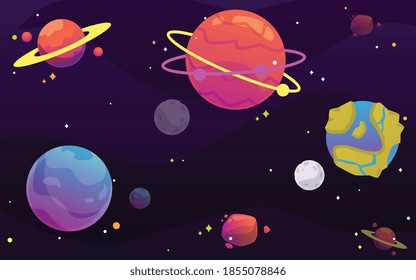 Fantastic planets on a space background. An alien universe or galaxy. Cartoon design for a fantasy game. Vector flat illustration.