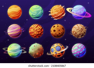 Fantastic planets at outer space galaxy collection vector 3d illustration. Set of multicolored universe body sphere shape with volcano crater, orbit rings, satellites. Astronomy cosmic creative design