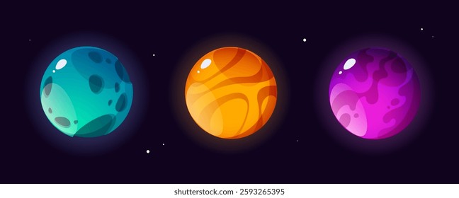 Fantastic planets set. Cartoon galaxy ui game objects, space design asset. Vector illustrations