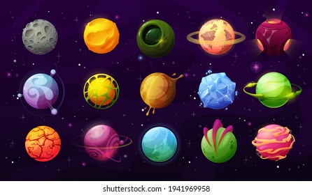 Fantastic planets in space vector icons, cartoon galaxy ui game asteroids. Cosmic world, alien design elements. Galaxy objects, planets with rings, frozen ice, craters and glowing lava surface set