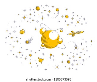 Fantastic planets in undiscovered galaxy with stars, rockets and other elements. Explore universe, breathtaking space science. Thin line 3d vector illustration isolated on white.