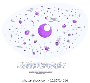 Fantastic planets in undiscovered galaxy with stars, comets, asteroids and other elements. Explore universe, breathtaking space science. Thin line 3d vector illustration isolated on white.