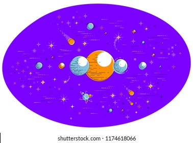 Fantastic planets in undiscovered galaxy with stars, comets, asteroids and other elements. Explore universe, breathtaking space science. Thin line 3d vector illustration isolated on white.