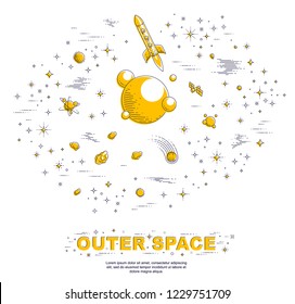 Fantastic planets in undiscovered galaxy with stars, rockets and other elements. Explore universe, breathtaking space science. Thin line 3d vector illustration isolated on white.
