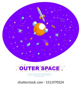 Fantastic planets in undiscovered galaxy with stars, rockets and other elements. Explore universe, breathtaking space science. Thin line 3d vector illustration isolated on white.