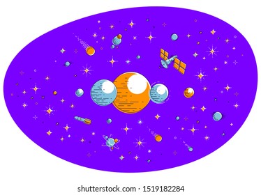 Fantastic planets in undiscovered galaxy with stars, comets, asteroids and other elements. Explore universe, breathtaking space science. Thin line 3d vector illustration isolated on white.