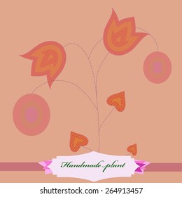 Fantastic plant, bell with ellipses, leaves, label. Handmade.