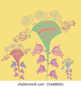Fantastic plants with colored pale buds and leaves on a light yellow background.