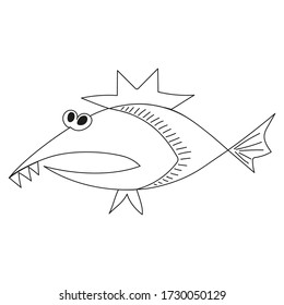 Fantastic predatory fish with large teeth. Coloring book page. The development of motor skills.
