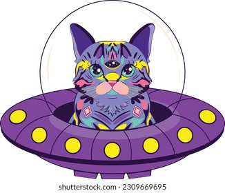 Fantastic purple alien cat with third eye in flying saucer illustration.