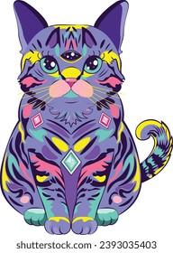 Fantastic purple alien cat with third eye illustration.