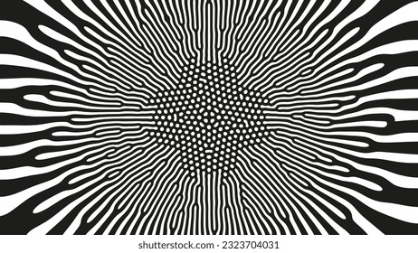 Fantastic Radial Cell Structure Vector Contrast Black White Abstract Background. Spreading Of Mysterious Alien Microorganism Psychedelic Drug Trippy Art Illustration. Unusual Liquid Structure Texture