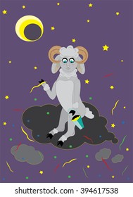 The fantastic ram sits on a cloud and throws from a confetti bucket