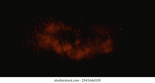 Fantastic red smoke background. Explosion of red spice powder, spice splash, Magic smoke with glitter and fine particles, mist with glowing particles, red vapour. Vector illustration. 