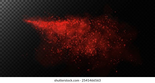 Fantastic red smoke background. Explosion of red spice powder, spice splash, Magic smoke with glitter and fine particles, mist with glowing particles, red vapour. Vector illustration. 