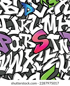 Fantástico diseño repetitivo de letras tipo graffiti, en blanco y negro con               acentos en tonos fuertes.
