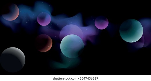 fantastic representation of space with several abstractly depicted planets, a nebula, and a starry background.