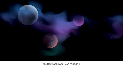 representação fantástica do espaço com vários planetas representados de forma abstrata, uma nebulosa e um fundo estrelado.