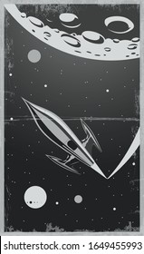 Fantastic Retro Movie Poster Style, Space Rocket, Moon Surface, Space, Black and White Palette, Grunge Texture Pattern