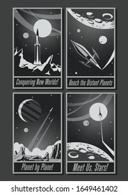 Fantastic Retro Movie Posters Style, Space Expeditions, Space Rockets, Moon Surface, Jupiter, Sun, Stars, Retro Monochrome Color Palette