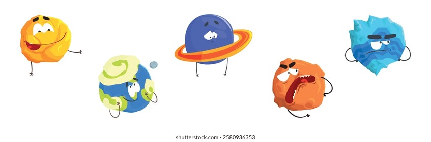 Fantastic Round Comic Planet Character with Arm and Legs Vector Set