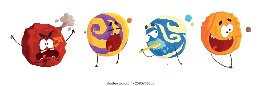 Fantastic Round Comic Planet Character with Arm and Legs Vector Set