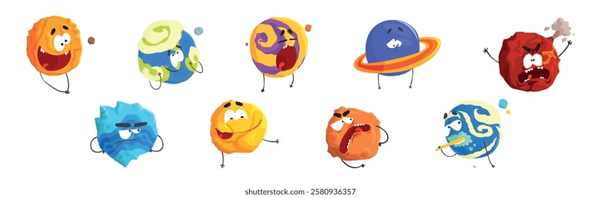 Fantastic Round Comic Planet Character with Arm and Legs Vector Set