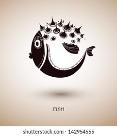 fantastic round fish with patterns, silhouette, vector illustration