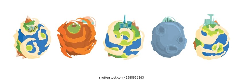 Fantastic Round Planet with Fiction Life Vector Set