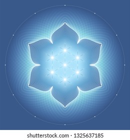 Fantastic sacred geometry; Modern modified shiny ancient symbol "flower of life" and lotus on blue background; Psychedelic vector illustration.