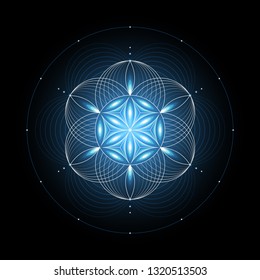 Fantastic sacred geometry; Shiny ancient symbol "flower of life" on black background; Psychedelic vector illustration.