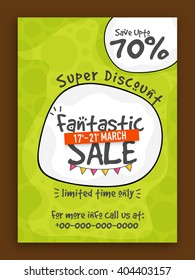 Fantastic Sale Flyer, Sale Poster, Sale Banner, Super Discount, Save upto 70% for limited time, Vector illustration.