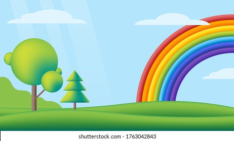 Fantastic scape with rainbow on green meadow. Vector flat illustration. Kids background with rainbow, bright sky, green valley and trees for children's sites or printing.