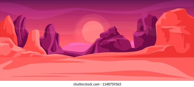 A fantastic scene of space alien mountain scenery in crimson tones. Cosmic area,someone planet surface. Cartoon game location. Background for games apps or mobile development.