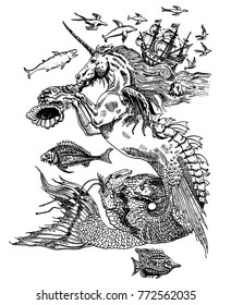 Fantastic sea creatures. Mermaid unicorn blows conch shell. Fish, dolphins, whale, ancient ship. Vintage engraving style hand-drawn ink pen vector illustration. Tattoo design, textile print, poster.