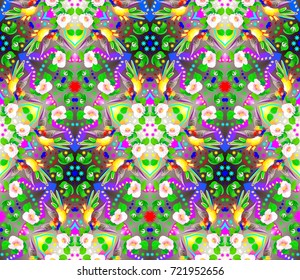 Fantastic seamless ornament done in kaleidoscopic style. Vector cartoon image.