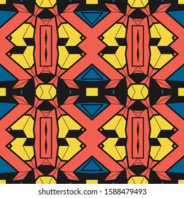 Fantastic seamless patern with complex geometric patterns in red, blue, yellow and black. Vector illustration