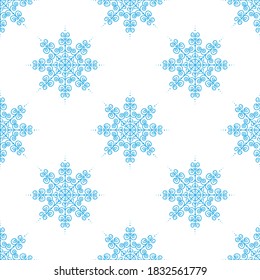 Fantastisches, nahtloses Muster von blauen Schneeflocken auf weißem Hintergrund. Winterdekorationsartikel für Postkarten, Umschlagpapier, Stoff, Tapete und vieles mehr. Stock-Vektorgrafik für Dekoration und Design
