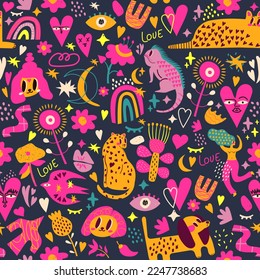 Fantastic seamless pattern on a dark background with various animals, interesting facial expressions, hearts and small details. This design will make your project special.
