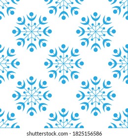 Fantastic seamless pattern of snowflakes on a white background. Winter decor elements in a flat style for cards, wrapping paper, fabric, wallpaper and more. Stock vector illustration for decoration