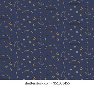 Fantastic seamless pattern with stars and moons. Vector illustration.