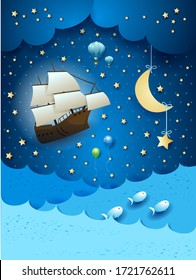 Fantastic seascape with flying ship and hanging moon. Vector illustration eps10