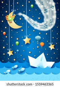 Fantastic seascape at night with wave of sparkles and paper boat. Vector illustration eps10