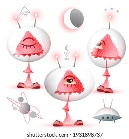 Fantastic set of mushrooms, moon, planets and aliens shuttle on white background. Vector illustration.
