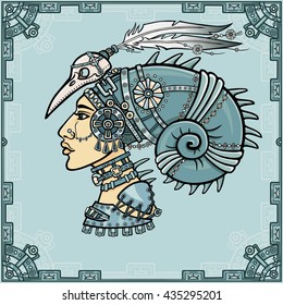 The fantastic Shaman woman in her magic clothes. Portrait, look profile. A background - a frame from iron elements. Vector illustration.