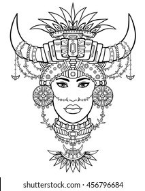 Fantastic Shaman woman in her magic clothes. The linear drawing isolated on a white background. Vector illustration, be used for coloring book.