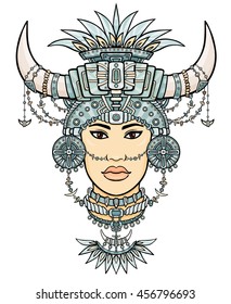 Fantastic Shaman woman in her magic clothes. The color drawing isolated on a white background. Vector illustration. 
