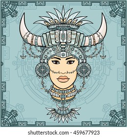 Fantastic Shaman woman in her magic clothes. Color drawing, ethnic style. Background - a frame from iron elements. Vector illustration.