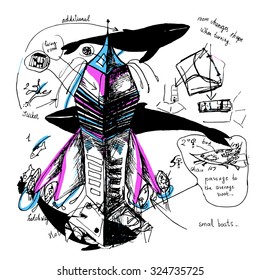 Fantastic ship and whales. Hand drawn illustration. Element for design project or card or template for t-shirt.