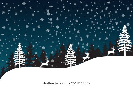 A fantastic silhouette of white trees and deer on a dark Christmas background. Vector illustration